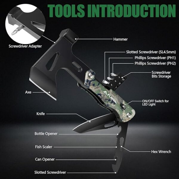 FLISSA Camping Axe Hammer Multitool, Gift for Father, Hatchet Multi Tool Camo Stainless Steel with LED Light, EDC Hiking Survival Multi Function Tool Pocket Knife with Sheath - Image 4