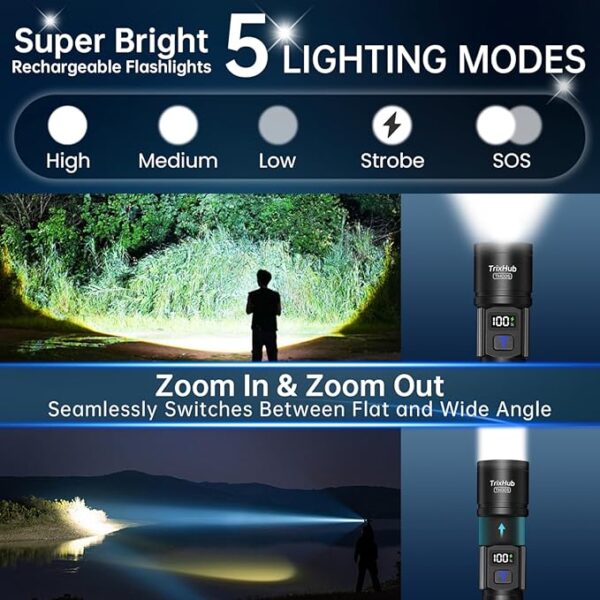 Rechargeable Flashlights High Lumens, Super Bright Flash Light, 5 Modes Zoomable Linternas with LCD Digital Display, Powerful Handheld LED Flashlights for Emergencies Camping - Image 3