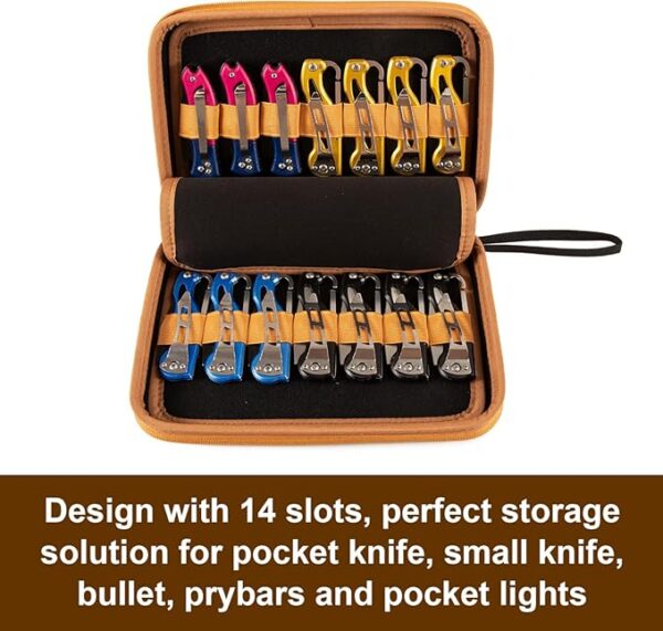 HERSENT Pocket Knife Display Case,Knife Storage Organizer,14 Slots Folding Knife Storage Case,Small Knife Collection Carrier Bag for Survival Tactical Outdoor EDC Mini Knife (Black+Brown) - Image 5