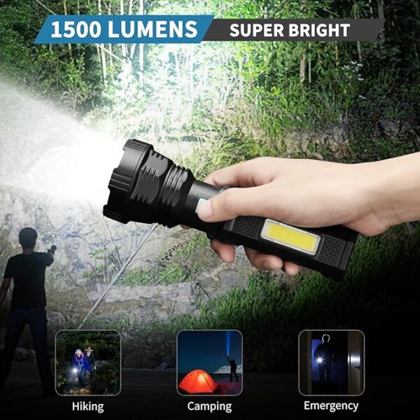 Led Solar Flashlight, 1500 Lumens Led Solar Handheld Rechargeable Flashlights with IP65 Waterproof, 2000mAh Battery for Survival Emergencies Camping (1 Pack) - Image 3