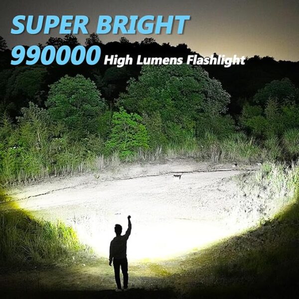 Rechargeable Tactical Flashlight 990000LM High Lumen 5 Modes Super Bright, led Powerful 3300mAh Power Bank with COB Flash Light, Zoomable, Waterproof for Emergencies, Camping, Hiking - Image 4