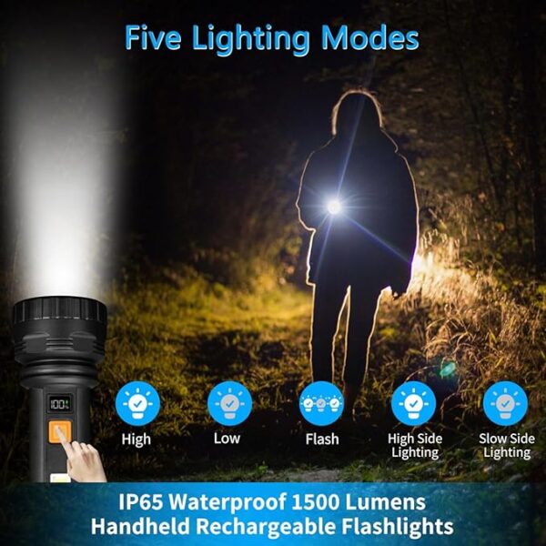 Solar Flashlights, 1500 Lumens Led Solar Powered Flashlights with Digital Display 2000mAh Battery Rechargeable Handheld Flashlights IP65 Waterproof Flashlights for Survival Emergencies, 4 Pack - Image 6