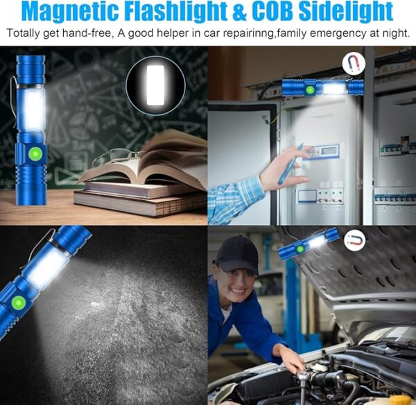 Flashlight USB Rechargeable, Magnetic LED Flashlight, Super Bright LED Tactical Flashlight with Cob Sidelight, 2000LM, Waterproof, Zoomable Best Small LED Flashlight for Camping, Emergency - Blue - Image 3