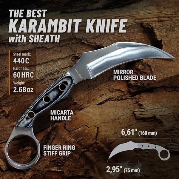 Tactical Knife with Sheath & Micarta Handle - Small Fixed Blade Knife - Pocket Folding Knife - Military Style - Tactical Knife - Good for Camping Hunting Survival Activities - Image 3