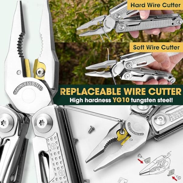 Multitools Pliers Pro, Upgraded Multi Tool With Damascus Knife, Replaceable Wire Cutters and Screwdirver Set, Foldable Multitools with Scissors, Screwdriver, Ideal for Camping,Survival, Repair - Image 5