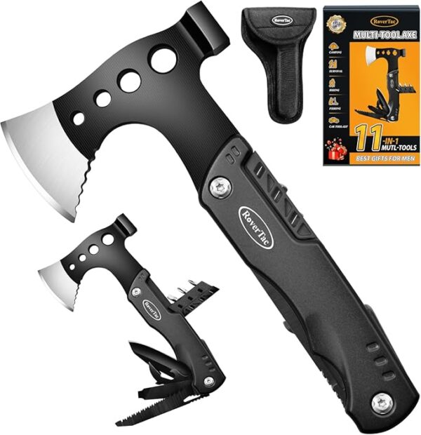 RoverTac Multi Tool Camping Axe Hatchet 11-in-1 Multitool Camping Gear Survival Tool with Axe Knife Hammer Saw Bottle Can Opener Screwdrivers Nylon Sheath Gifts for Men Perfect Camping Hiking Survival - Image 2