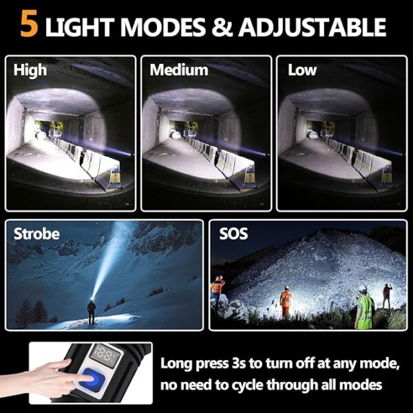 Rechargeable 4500mAh Tactical Flashlight LED High Lumens with 5 Modes, Powerful & USB Super Bright Waterproof for Camping Emergencies - Image 5