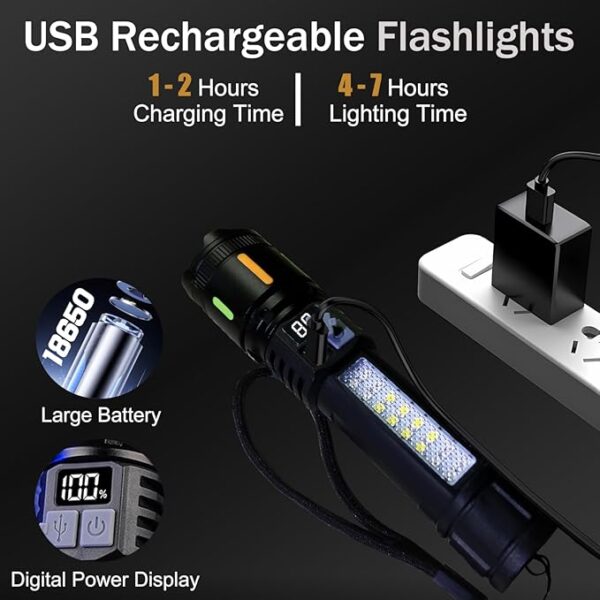 2 Pack Rechargeable High Lumens Flashlights,Waterproof Handheld Powerful Flash Light Set,5 Modes Super Bright Flashlight with COB Light,Flashlights for Emergencies,Home,Camping,Outdoor - Image 5
