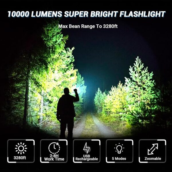 FZH Flashlights High Lumens Rechargeable 2PC 10000LM LED Infinitely Dimmable Super Bright USB Flash Light Powerful Handheld Tactical Torch, 5 Modes, Waterproof for Outdoor Emergencies Camping - Image 3