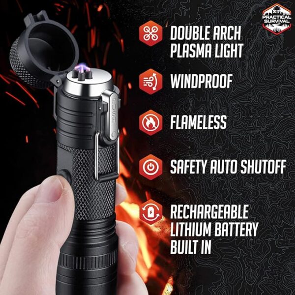 LED Emergency Tactical Flashlight Plasma Lighter Combo, 2-Pack, Water Resistant, Wind Resistant, Rechargeable, Compact, 2-in-1 Tool, Tactical Black - Image 5