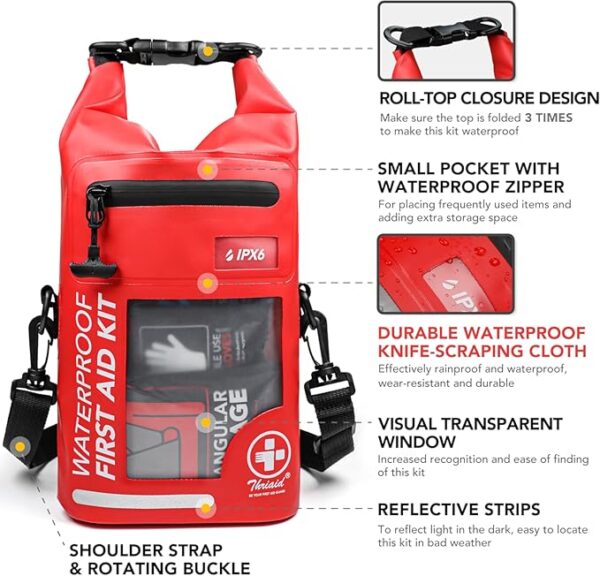 THRIAID 250 PCS Waterproof First Aid Kit, Roll Top Reflective Boat Dry Bag Bug Out Bag, Emergency Medical Kit Ideal for Boating, Camping, Fishing, Kayaking, Floating, Red - Image 3