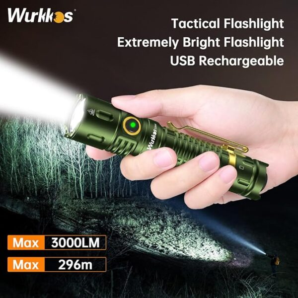 Wurkkos TD04 Tactical Flashlight, 3000 Lumens Rechargeable Flashlights, LED Handheld Flashlight with Type C Charging Port Tail Switch for Camping for EDC, Tactical Gear, Suvival, Emergency, Outdoor - Image 3