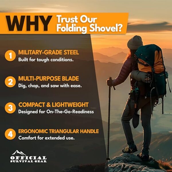 Folding Shovel, 18" Survival Shovel, Backpack Hiking Shovel, Military Grade Carbon Steel with Saw Edge, Collapsible with Carry Case - Image 3