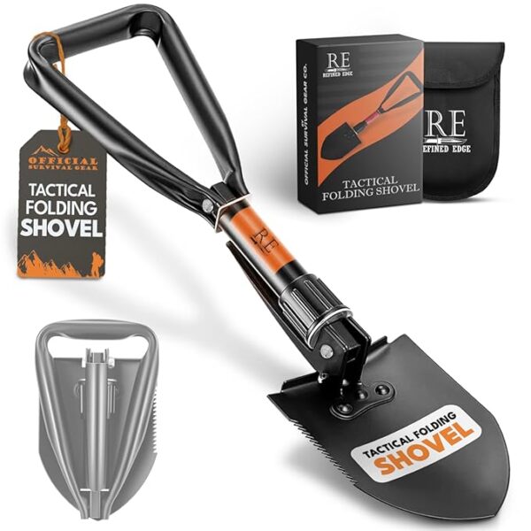 Folding Shovel, 18" Survival Shovel, Backpack Hiking Shovel, Military Grade Carbon Steel with Saw Edge, Collapsible with Carry Case