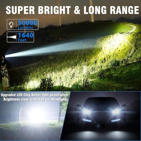 LED Flashlight, High Powered 50000 Lumens Super Bright Tactical Flashlight, Rechargeable Flashlights High Lumens, 6 Modes Zoomable Waterproof Flash Lights for Emergency, Camping, Hiking (2 Red) - Image 3