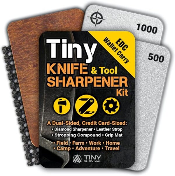 Tiny Survival KNIFE & TOOL Sharpener KIT - Ultimate 4-IN-1 EDC KIT: Double-Sided, Dual Grit, Credit Card Diamond Pocket Field Sharpening Stone DWS + Mini Strop + Stropping Compound + Grip Matt - GIFT - Image 2