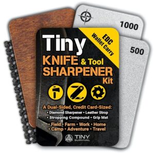 Tiny Survival KNIFE & TOOL Sharpener KIT - Ultimate 4-IN-1 EDC KIT: Double-Sided, Dual Grit, Credit Card Diamond Pocket Field Sharpening Stone DWS + Mini Strop + Stropping Compound + Grip Matt - GIFT
