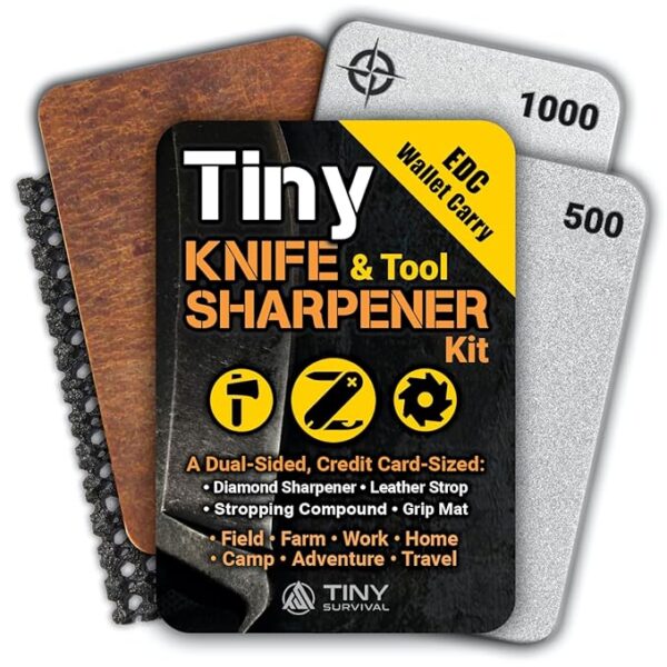 Tiny Survival KNIFE & TOOL Sharpener KIT - Ultimate 4-IN-1 EDC KIT: Double-Sided, Dual Grit, Credit Card Diamond Pocket Field Sharpening Stone DWS + Mini Strop + Stropping Compound + Grip Matt - GIFT