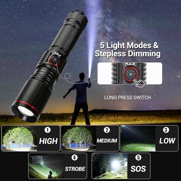 FZH Flashlights High Lumens Rechargeable 2PC 10000LM LED Infinitely Dimmable Super Bright USB Flash Light Powerful Handheld Tactical Torch, 5 Modes, Waterproof for Outdoor Emergencies Camping - Image 4