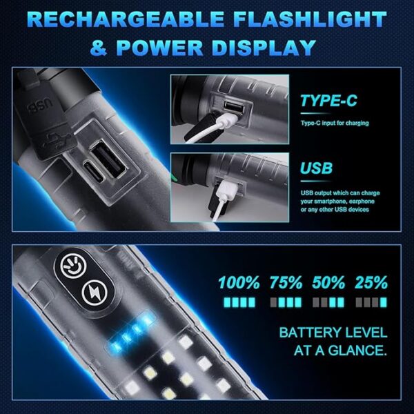 2 Pack High Powered Flashlight, Flashlights High Lumens 5000, Led Super Bright Flashlight, Rechargeable with Large Side Lights, Adjustable, Waterproof, for Emergencies, Camping, Hiking - Image 4