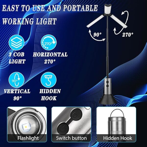 Rechargeable 3000mAh Camping Light with Stand 1.71ft Max Height ï¼Cordless Work Light with 3 LED Lamp Heads, 2200 Lumens Camping Essentials Gear Emergency Flashlightï¼Black - Image 4