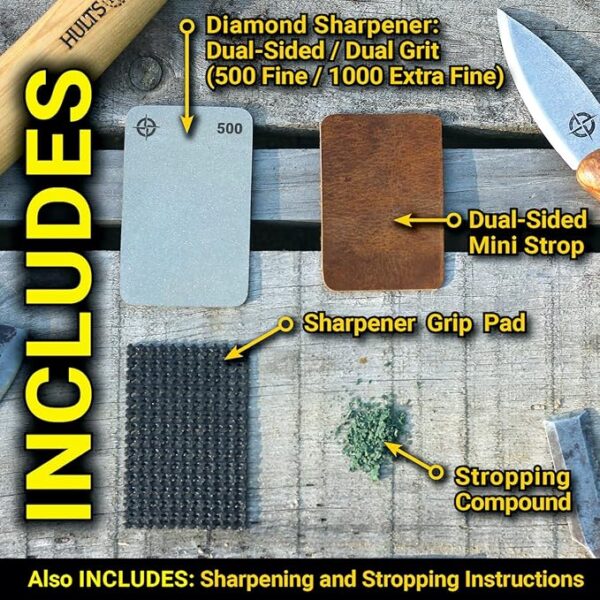 Tiny Survival KNIFE & TOOL Sharpener KIT - Ultimate 4-IN-1 EDC KIT: Double-Sided, Dual Grit, Credit Card Diamond Pocket Field Sharpening Stone DWS + Mini Strop + Stropping Compound + Grip Matt - GIFT - Image 4