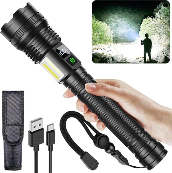 flashlights high lumens rechargeable, 4500 Lumens Super Bright Flashlight, with COB Work Light & 10 Modes, Waterproof Handheld Flashlight, for outdoor Camping hunting, hurricane Emergencies Hiking - Image 2