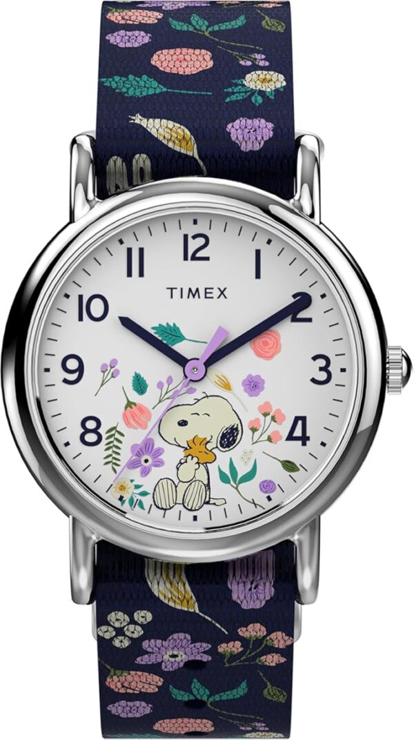 Timex Womens Watch Peanuts Weekender Casual Ladies Wristwatch - Featuring Snoopy and Woodstock in a Floral Motif, Silver-Tone Case with Blue Fabric Strap (31mm) - Image 2