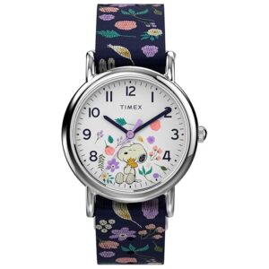 Timex Womens Watch Peanuts Weekender Casual Ladies Wristwatch - Featuring Snoopy and Woodstock in a Floral Motif, Silver-Tone Case with Blue Fabric Strap (31mm)