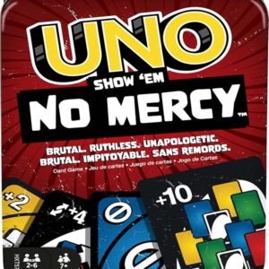 Mattel Games UNO Show âem No Mercy Card Game in Storage & Travel Tin for Kids, Adults & Family Night with Extra Cards, Special Rules & Tougher Penalties (Amazon Exclusive)