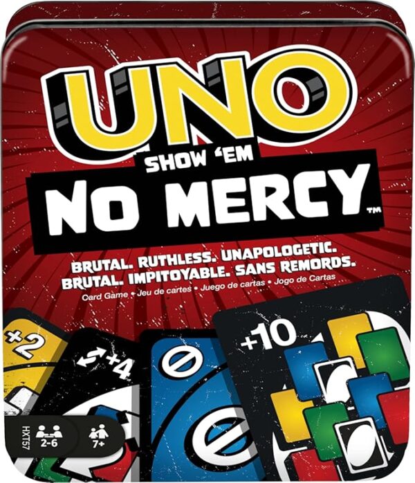 Mattel Games UNO Show âem No Mercy Card Game in Storage & Travel Tin for Kids, Adults & Family Night with Extra Cards, Special Rules & Tougher Penalties (Amazon Exclusive)