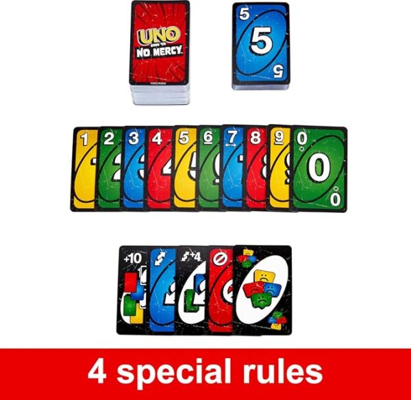 Mattel Games UNO Show âem No Mercy Card Game in Storage & Travel Tin for Kids, Adults & Family Night with Extra Cards, Special Rules & Tougher Penalties (Amazon Exclusive) - Image 4
