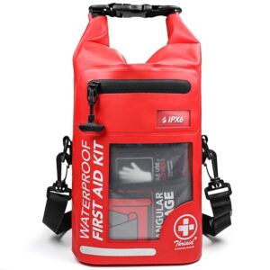 THRIAID 250 PCS Waterproof First Aid Kit, Roll Top Reflective Boat Dry Bag Bug Out Bag, Emergency Medical Kit Ideal for Boating, Camping, Fishing, Kayaking, Floating, Red