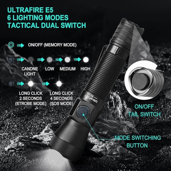 ULTRAFIRE Tactical EDC Flashlight with Holster,1350 High Lumens Rechargeable Police Flashlight with Belt Holder,Zoomable LED Flashlights for Emergency,Law Enforcement Torch E5 - Image 5