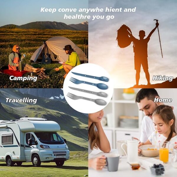 Reusable 4-in-2 Combo Camping Utensil Set, 4 Sets Spoon-Fork-Knife Travel Utensils, Portable Plastic Cutlery Backpacking Gear for Lunch Hiking Outdoor Survival (Green, Orange, Blue, Grey) - Image 6