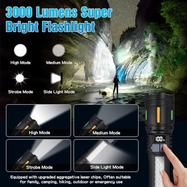 Rechargeable Led Flashlights High Lumens - 3000lm Super Bright Tactical Flashlight With Cob Sidelight And Hook, 5 Light Modes, Ipx6 Waterproof, For Camping, Repairs, And Home Emergencies. ï¼2 Packï¼ - Image 3