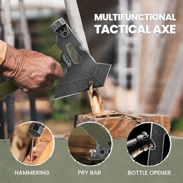 Tactical Axe with G10 Handle Camping Survival Hatchet, Multifunctional Hiking Outdoor Heavy Duty Full Tang Tomahawk Tools with Hammer, Unique Design Crowbar, Leather Sheath (Green) - Image 3
