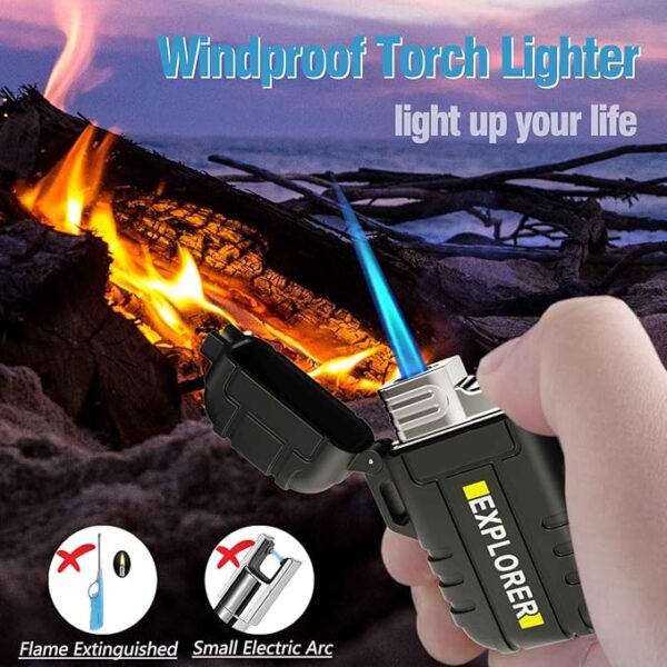 Waterproof Butane Torch Lighter Refillable Windproof Jet Flame Lighters for Fireplace Fireworks Grill Camping BBQ Lighter, Black(Without Gas) - Image 4