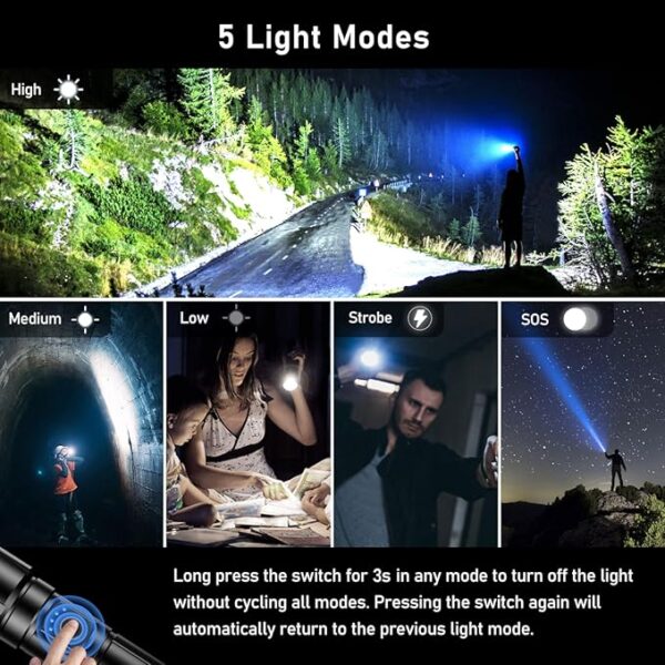 Flashlight Rechargeable, High Lumens Super Bright Flashlights - Zoomable, 5 Light Modes, IP67 Waterproof, Powerful Long Lasting Handheld Flash Light for Emergencies, Camping, Hiking - Image 5