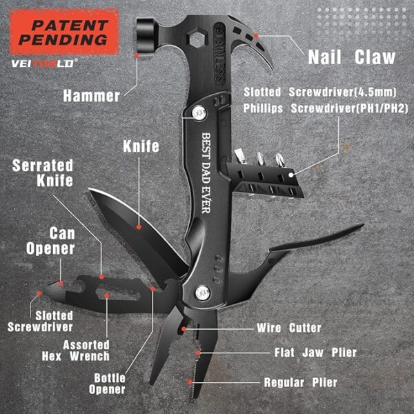 VEITORLD Gifts for Dad Men, Cool Fathers Day Birthday Gifts Ideas for Men Grandpa Papa from Daughter Wife Son, BEST DAD EVER Gift, All in One Survival Tools Hammer Multitool, Camping Hunting Presents - Image 4
