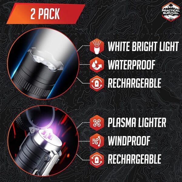 LED Emergency Tactical Flashlight Plasma Lighter Combo, 2-Pack, Water Resistant, Wind Resistant, Rechargeable, Compact, 2-in-1 Tool, Tactical Black - Image 3