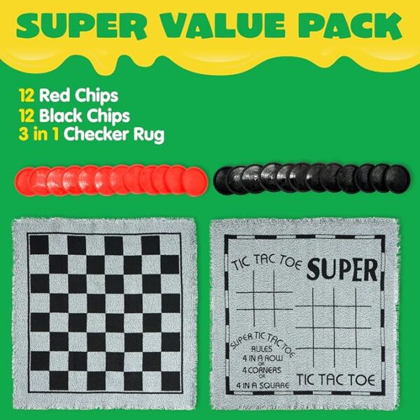 3-in-1 Vintage Giant Checkers, Tic, Tac, Toe, with Reversible Mat, 24 Chips, Family Board Game, Lawn Game, BBQ Party Favor, Indoor and Outdoor Activity for Kids and Adults - Image 3