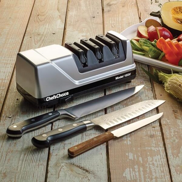 Chef'sChoice 15XV EdgeSelect Professional Electric Knife Sharpener with 100-Percent Diamond Abrasives and Precision Angle Guides for Straight Edge and Serrated Knives, 3-Stage, Gray - Image 5