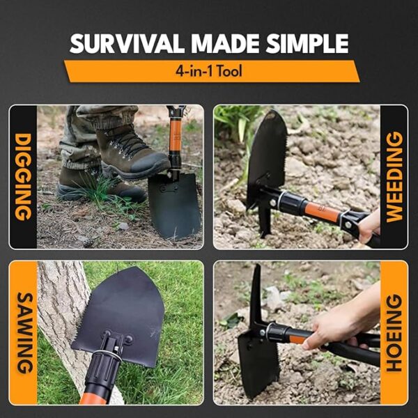 Folding Shovel, 18" Survival Shovel, Backpack Hiking Shovel, Military Grade Carbon Steel with Saw Edge, Collapsible with Carry Case - Image 6