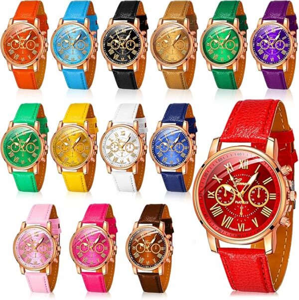 Yinkin 14 Pcs Assorted Platinum Watch Unisex Quartz Watch Sets for Women Men Ladies Watches Roman Numerals PU Leather Women's Wrist Watches - Image 2