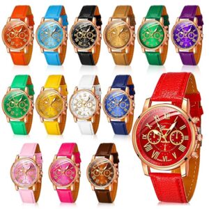 Yinkin 14 Pcs Assorted Platinum Watch Unisex Quartz Watch Sets for Women Men Ladies Watches Roman Numerals PU Leather Women's Wrist Watches