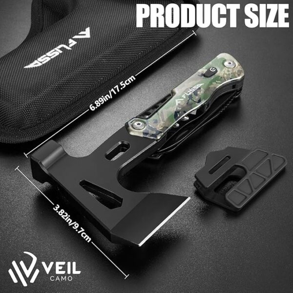 FLISSA Camping Axe Hammer Multitool, Gift for Father, Hatchet Multi Tool Camo Stainless Steel with LED Light, EDC Hiking Survival Multi Function Tool Pocket Knife with Sheath - Image 3